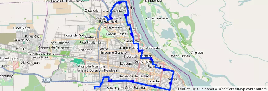 Mapa del recorrido  Negra de la línea 153 en Rosário.