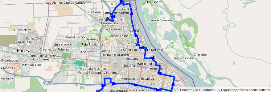Mapa del recorrido  Negra de la línea 153 en Rosario.