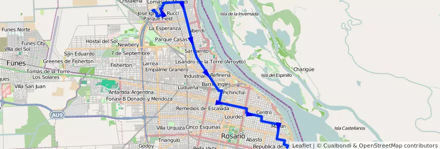 Mapa del recorrido  Negra de la línea 102 en Rosário.