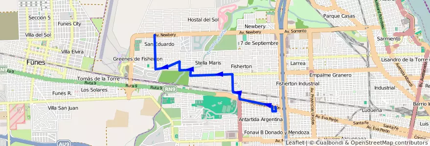 Mapa del recorrido  Noroeste de la línea Enlace en Rosário.