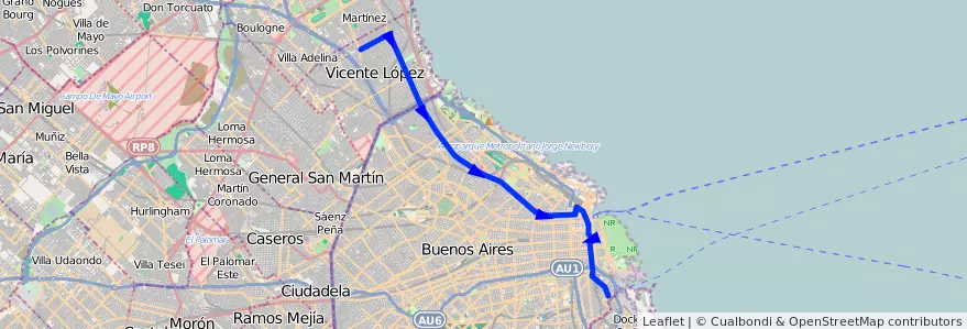 Mapa del recorrido Olivos-Boca de la línea 152 en Arjantin.