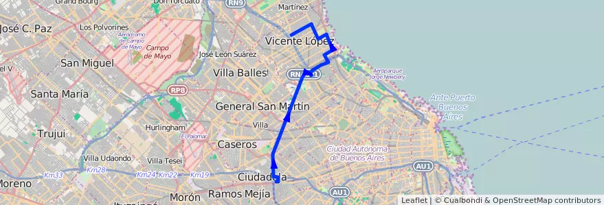 Mapa del recorrido Olivos de la línea 21 en Argentina.