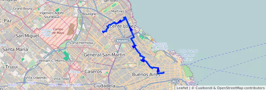 Mapa del recorrido Once-Carapachay de la línea 19 en Arjantin.