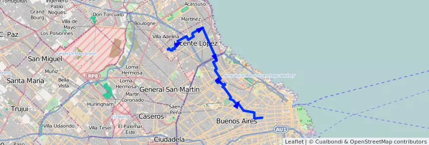 Mapa del recorrido Once-Carapachay de la línea 19 en Argentina.