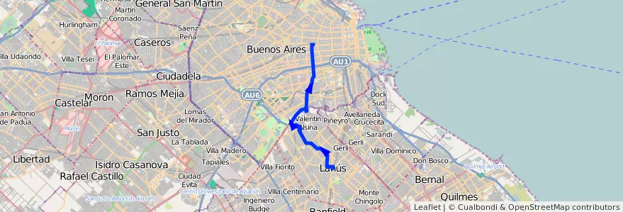 Mapa del recorrido Once-Lanus de la línea 32 en Argentina.