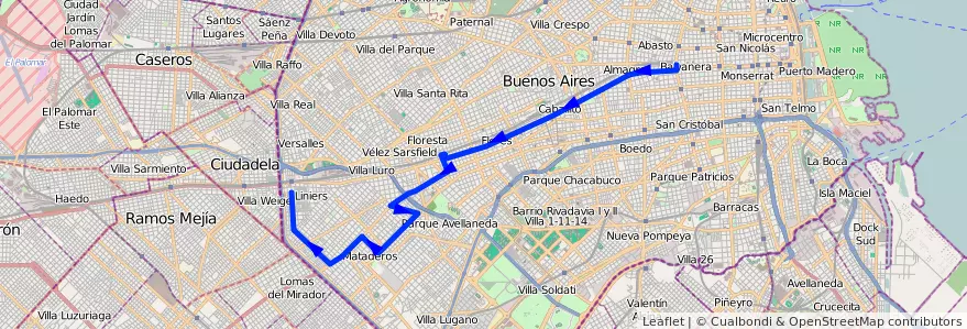 Mapa del recorrido Once-Liniers de la línea 104 en Буэнос-Айрес.