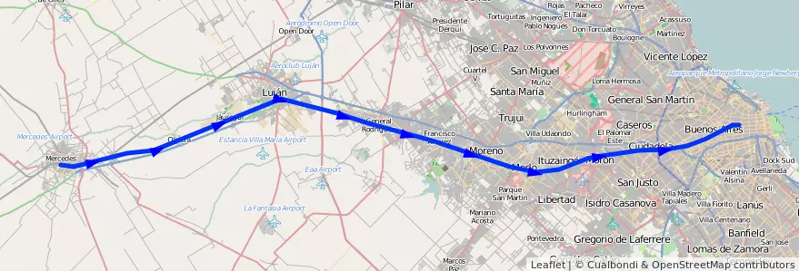 Mapa del recorrido Once-Mercedes de la línea Ferrocarril Domingo Faustino Sarmiento en استان بوئنوس آیرس.