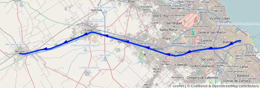 Mapa del recorrido Once-Mercedes de la línea Ferrocarril Domingo Faustino Sarmiento en استان بوئنوس آیرس.