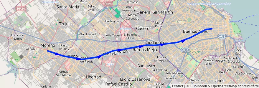 Mapa del recorrido Once-Moreno de la línea Ferrocarril Domingo Faustino Sarmiento en Argentina.