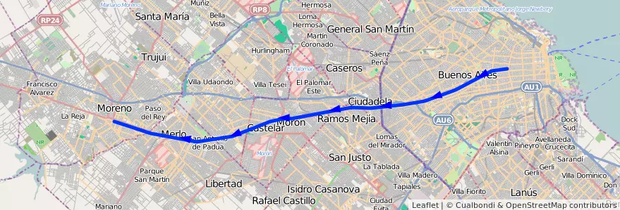 Mapa del recorrido Once-Moreno de la línea Ferrocarril Domingo Faustino Sarmiento en Argentine.