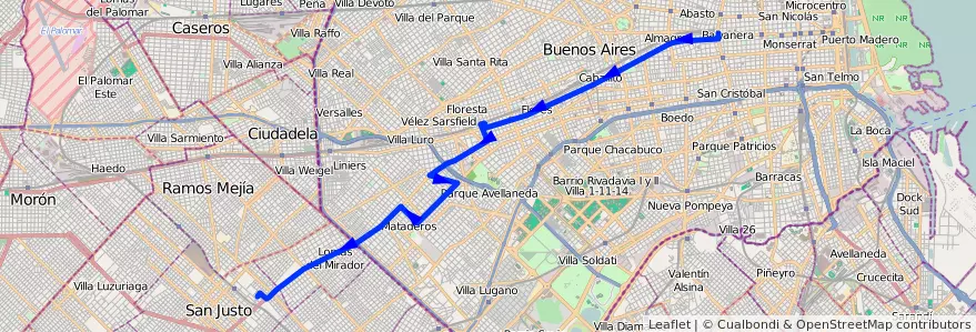 Mapa del recorrido Once-San Justo de la línea 104 en Ciudad Autónoma de Buenos Aires.