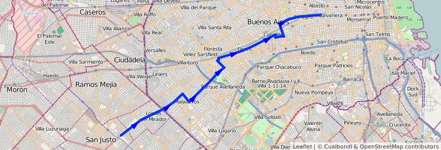 Mapa del recorrido Once-San Justo de la línea 104 en Ciudad Autónoma de Buenos Aires.