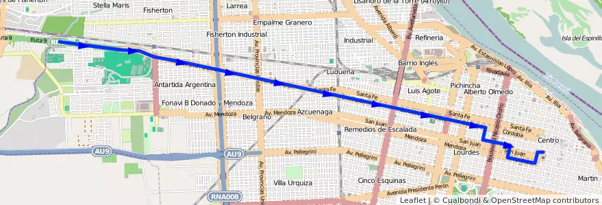 Mapa del recorrido onticas Córdoba de la línea M en روساريو.