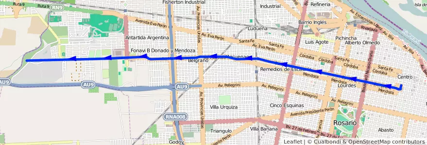 Mapa del recorrido onticas endoza de la línea M en Rosário.