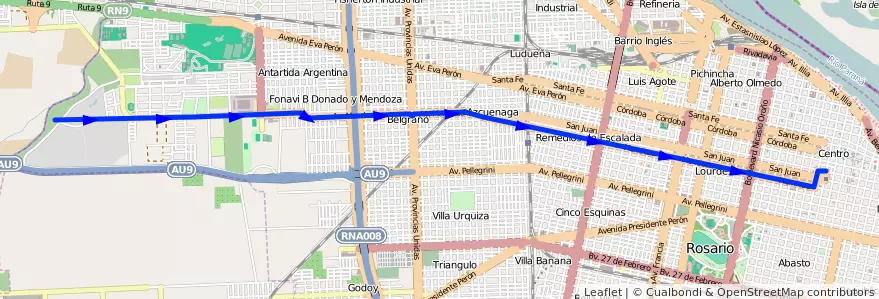 Mapa del recorrido onticas endoza de la línea M en Rosário.