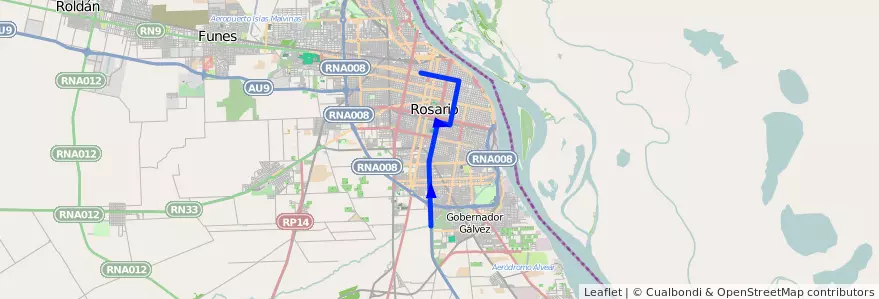 Mapa del recorrido  Oroño de la línea M en 로사리오.