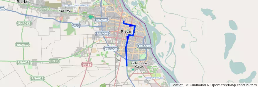 Mapa del recorrido  Oroño de la línea M en Rosario.