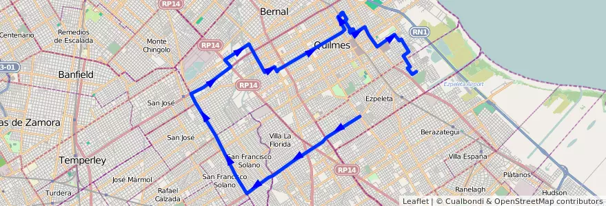Mapa del recorrido P Ezpeleta-Pasco de la línea 257 en Partido de Quilmes.