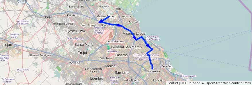 Mapa del recorrido Pacheco de la línea 15 en Arjantin.