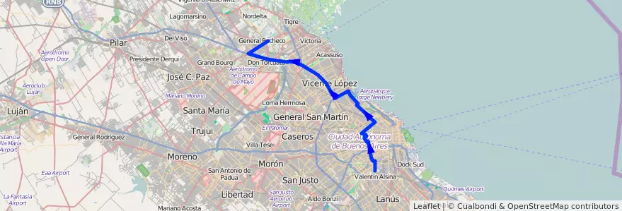 Mapa del recorrido Pacheco de la línea 15 en Argentina.