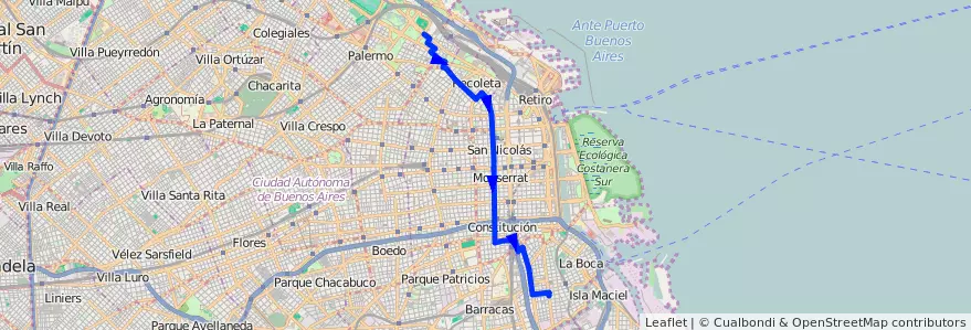 Mapa del recorrido Palermo-Barracas de la línea 102 en Ciudad Autónoma de Buenos Aires.