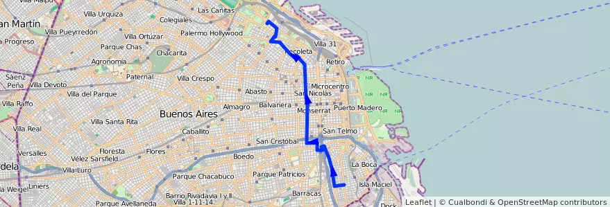 Mapa del recorrido Palermo-Barracas de la línea 102 en Ciudad Autónoma de Buenos Aires.