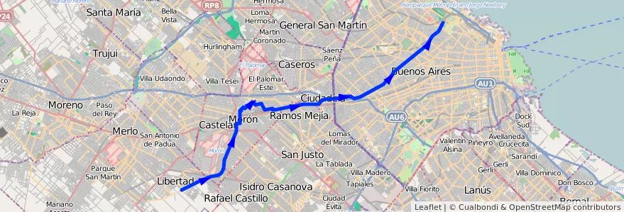Mapa del recorrido Palermo-Merlo de la línea 166 en 阿根廷.