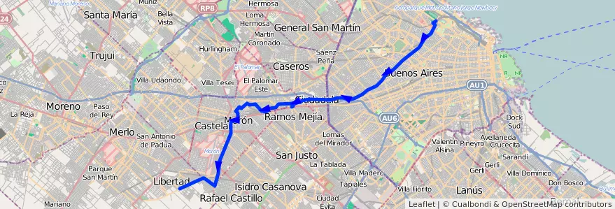 Mapa del recorrido Palermo-Merlo de la línea 166 en Аргентина.
