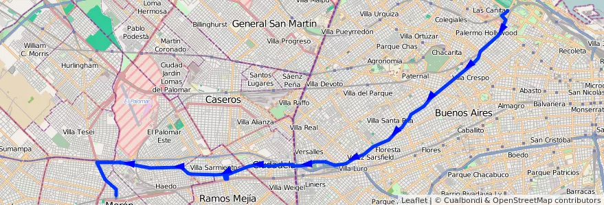 Mapa del recorrido Palermo-Moron de la línea 166 en アルゼンチン.