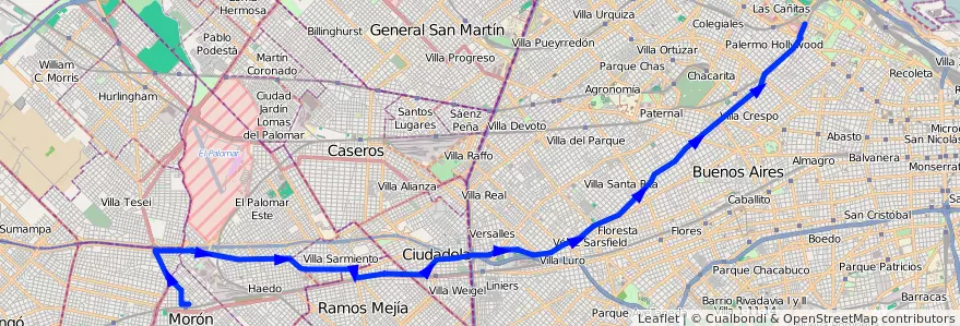Mapa del recorrido Palermo-Moron de la línea 166 en 阿根廷.