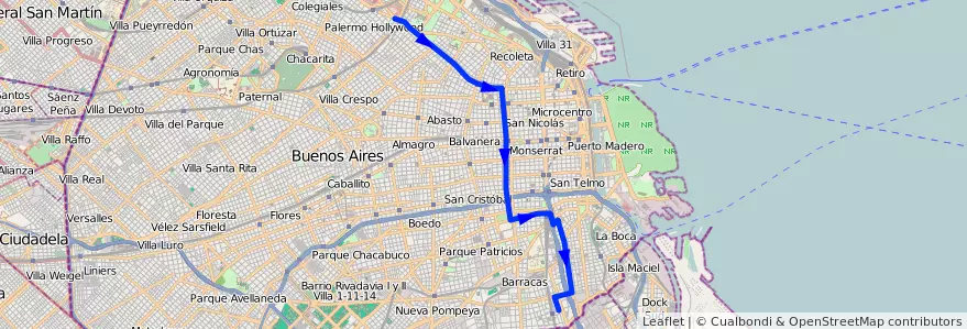 Mapa del recorrido Palermo-Pte.Pueyrredon de la línea 12 en Ciudad Autónoma de Buenos Aires.