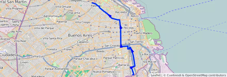 Mapa del recorrido Palermo-Pte.Pueyrredon de la línea 12 en Autonomous City of Buenos Aires.