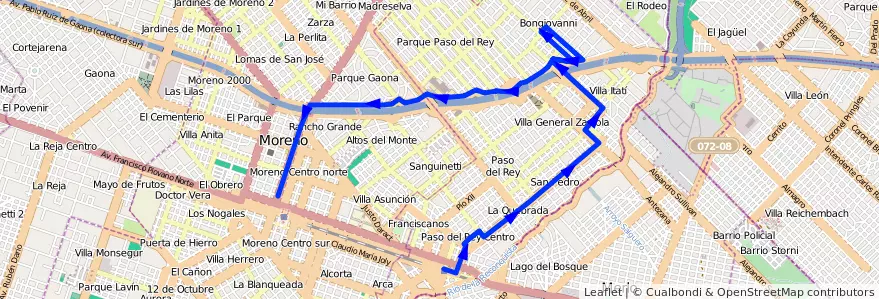 Mapa del recorrido Paso del Rey-Moreno de la línea 329 en Partido de Moreno.