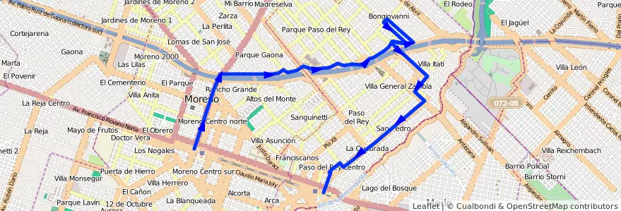 Mapa del recorrido Paso del Rey-Moreno de la línea 329 en Partido de Moreno.