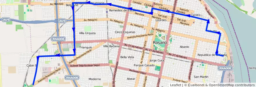 Mapa del recorrido  Perez de la línea 145 en Rosário.