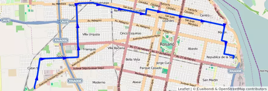 Mapa del recorrido  Perez de la línea 145 en Rosario.