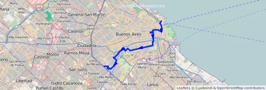 Mapa del recorrido Piedrabuena-Retiro de la línea 50 en Буэнос-Айрес.