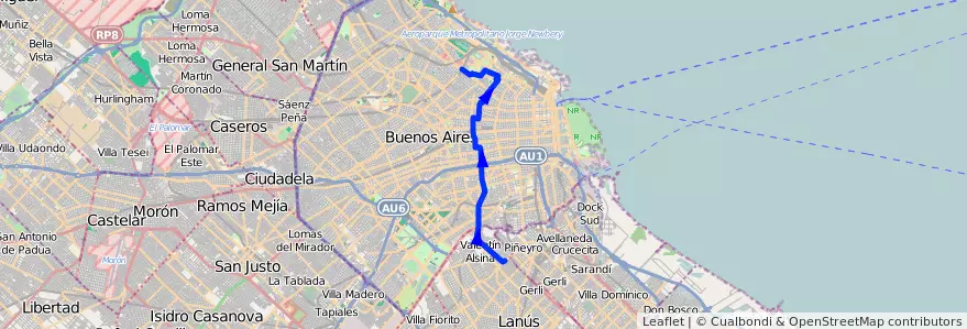 Mapa del recorrido P.Italia-V.Alsina de la línea 128 en Буэнос-Айрес.