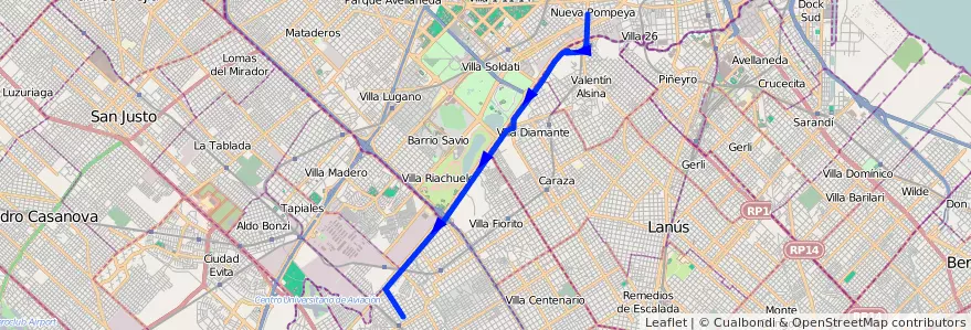 Mapa del recorrido Pompeya-Banfield de la línea 32 en Buenos Aires.