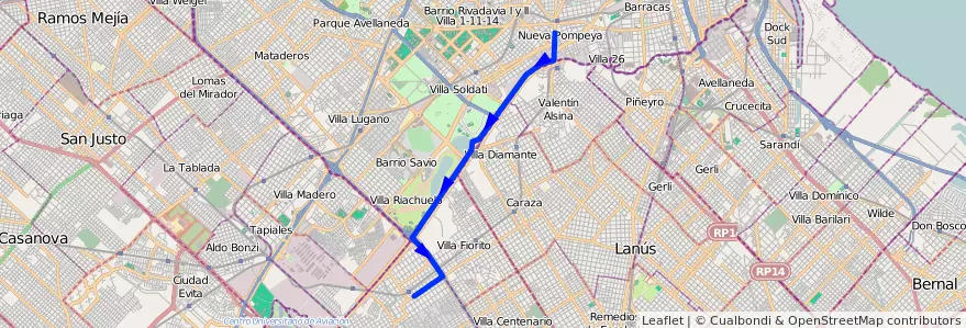 Mapa del recorrido Pompeya-Budge de la línea 188 en Arjantin.