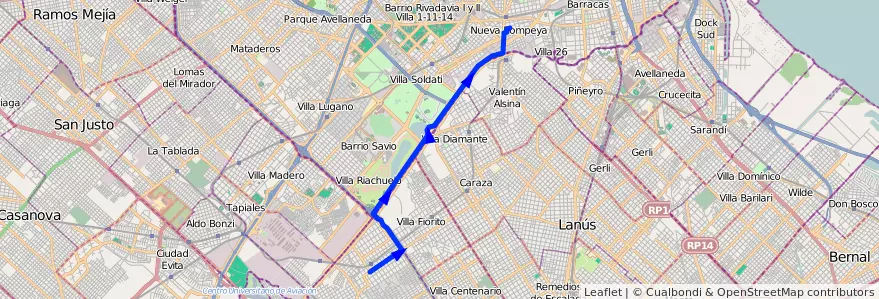 Mapa del recorrido Pompeya-Budge de la línea 188 en Аргентина.