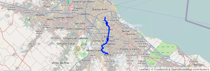 Mapa del recorrido Pompeya-Burzaco de la línea 165 en Province de Buenos Aires.