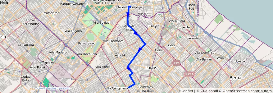 Mapa del recorrido Pompeya-Ctrio.Lomas de la línea 179 en Partido de Lanús.