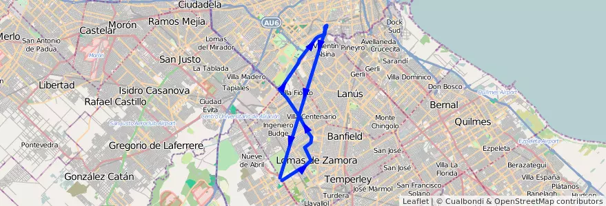 Mapa del recorrido Pompeya-Echeverria de la línea 188 en Arjantin.