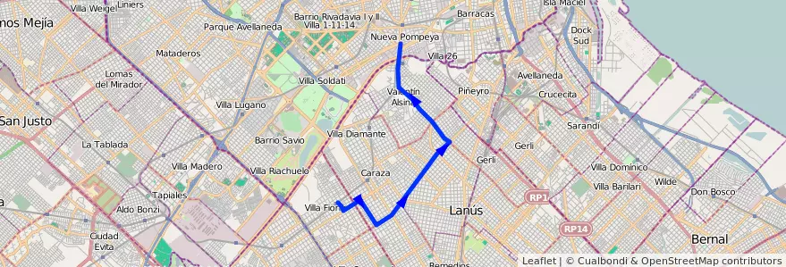 Mapa del recorrido Pompeya-Fiorito de la línea 179 en Partido de Lanús.