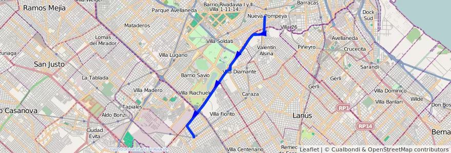 Mapa del recorrido Pompeya-Ing.Budge de la línea 32 en Provincia di Buenos Aires.