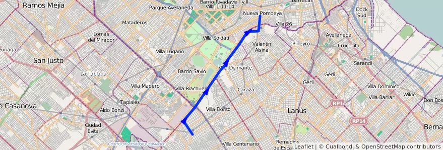 Mapa del recorrido Pompeya-Ing.Budge de la línea 32 en Provincia di Buenos Aires.