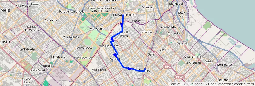 Mapa del recorrido Pompeya-Lanus de la línea 158 en Partido de Lanús.