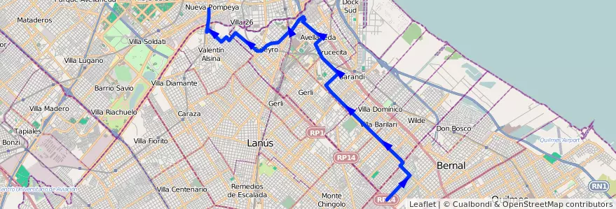 Mapa del recorrido Pompeya-Quilmes de la línea 178 en Province de Buenos Aires.