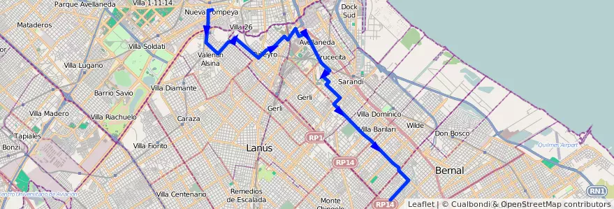 Mapa del recorrido Pompeya-Quilmes de la línea 178 en Buenos Aires.